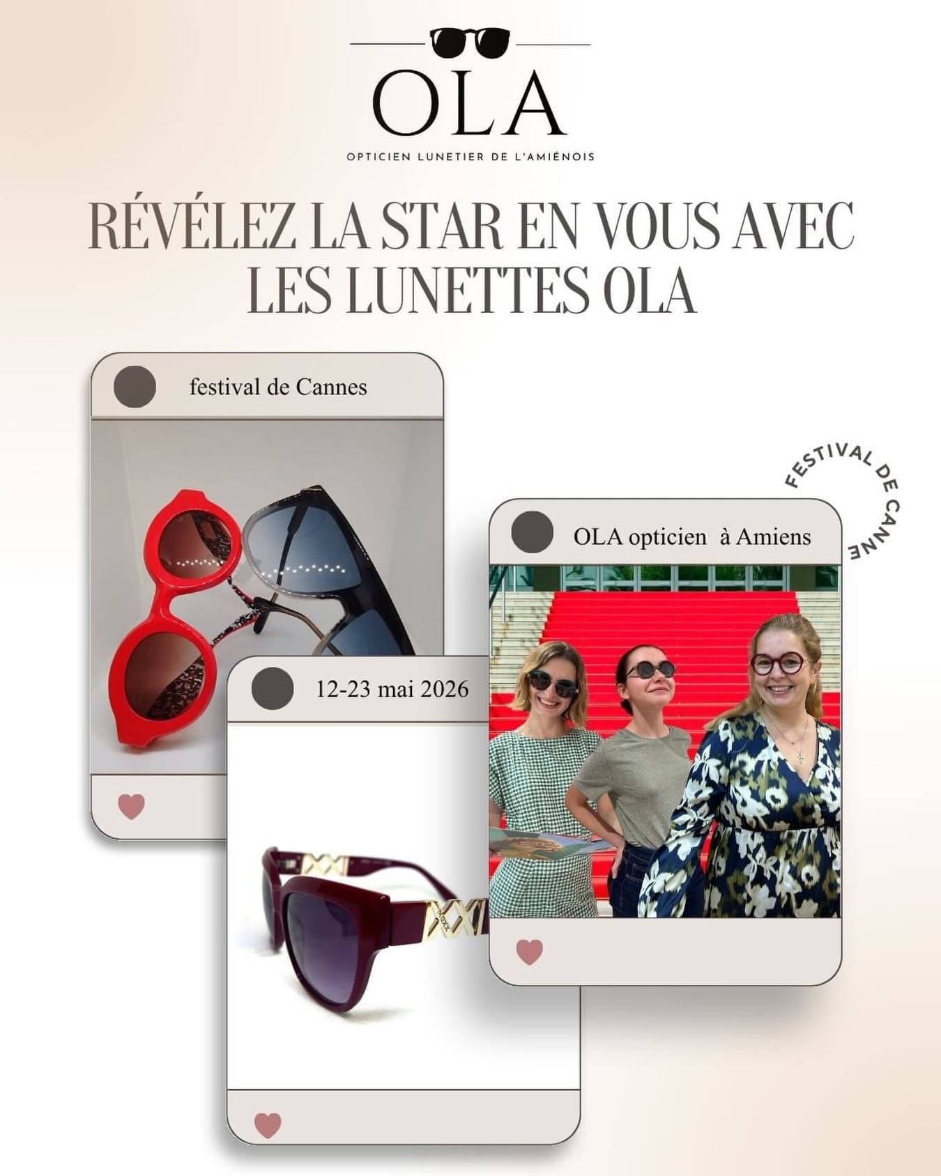 Du 12 au 23 mai, les stars défilent sur le tapis rouge ! 🎬

Chez OLA aussi, on veut que vous vous sentiez star, avec des lunettes de créateur qui ont du caractère.

Alors venez nous voir en boutique pour trouver vos lunettes dignes du tapis rouge 😎#festival #cannes #lunettes #star #amiens